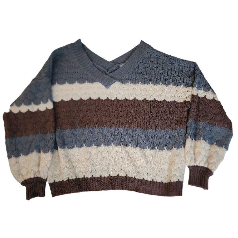 Listicle Womens Cable Knit Drop Shoulder Pullover Sweater Blue/White/Brown Small - Picture 2 of 10